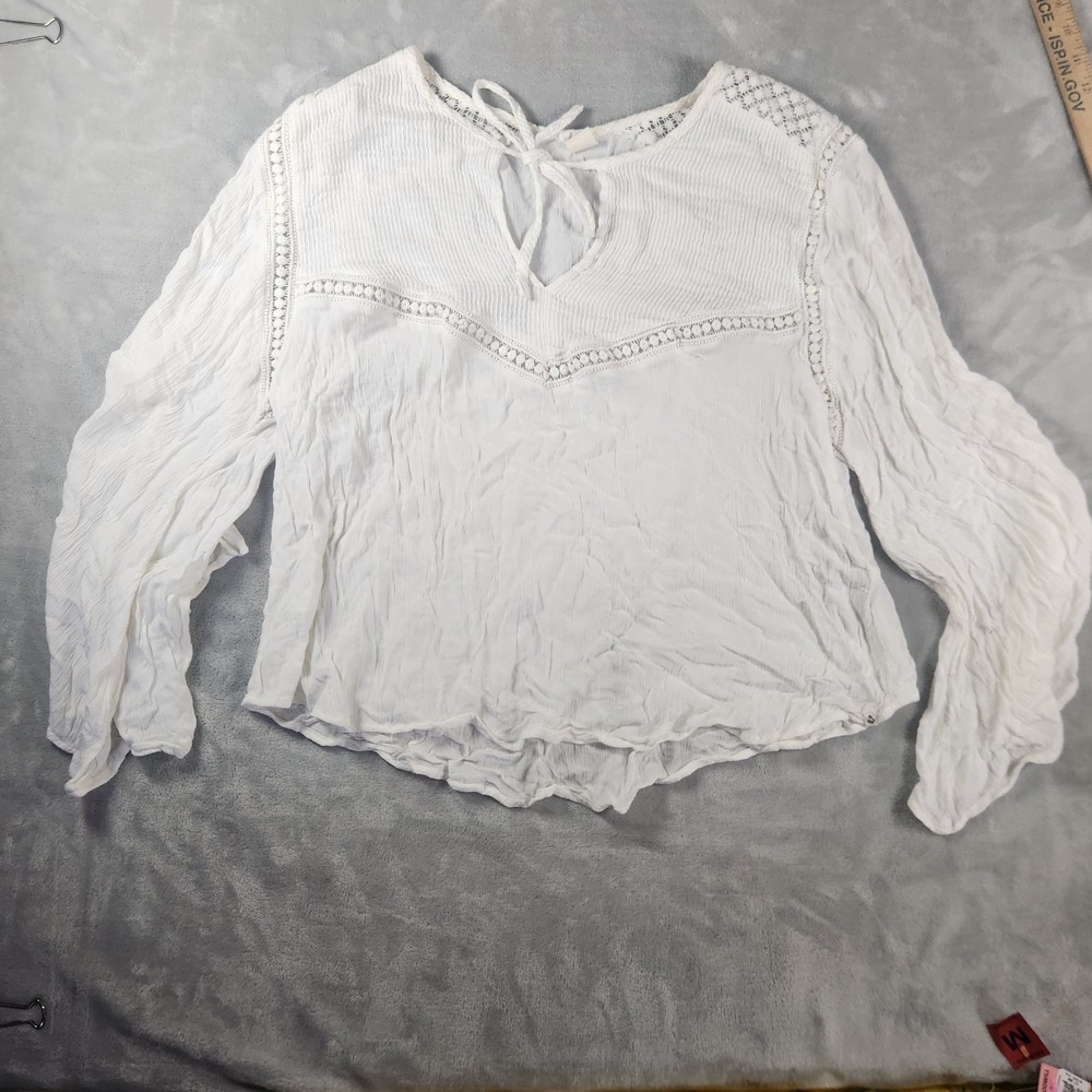 Volcom Womens Boho Cottagecore White Cotton Peasant Top Keyhole M Crochet